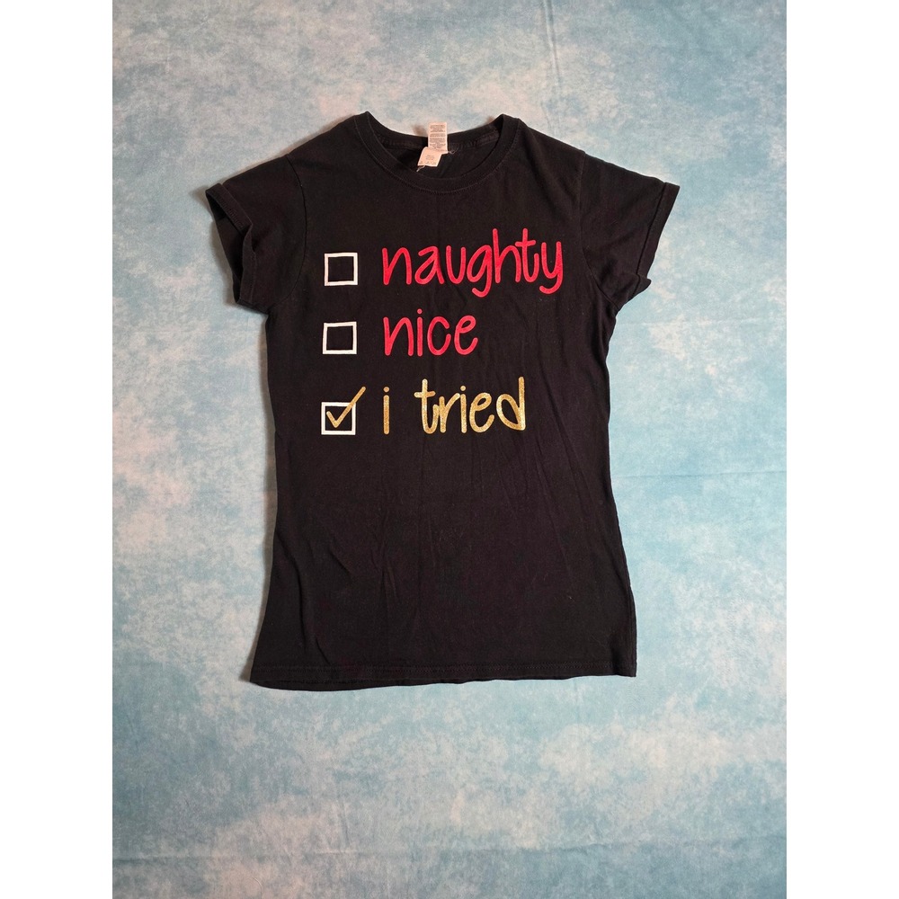 Gildan Softstyle Black Christmas Graphic T-Shirt Naughty Nice I Tried Women S